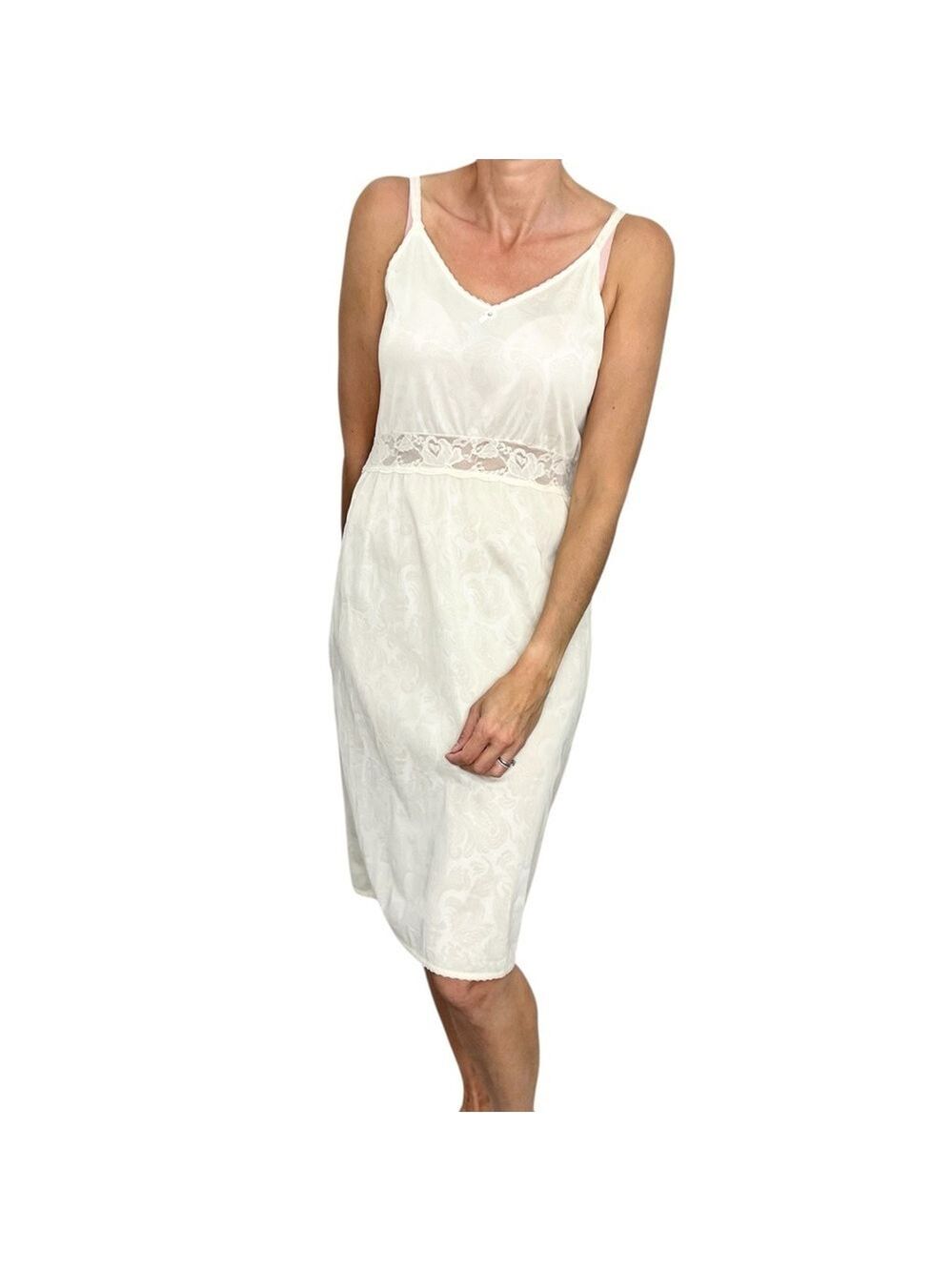 Vintage 80s 90s Canadian made 100% nylon cream satin floral midi slip dress 34